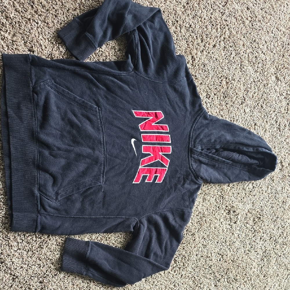 Nike Men's Dark Blue Hoodie with Red Logo